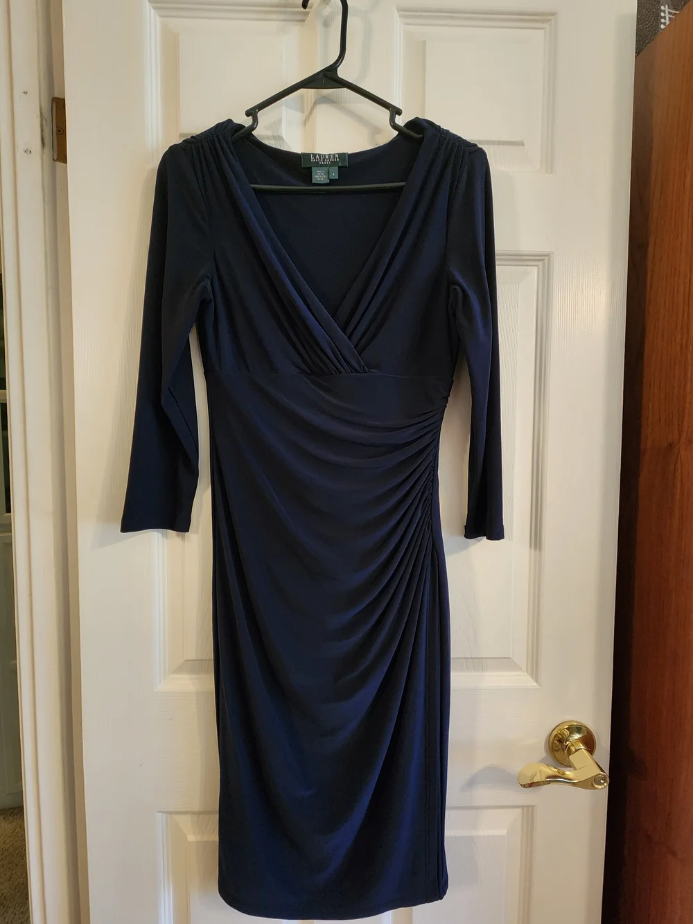 Ralph Lauren Navy Ruched V-Neck Long Sleeve Sheath Size 4 - Picture 1 of 8